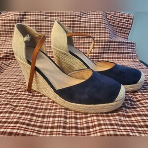 Navy and Tan Wedge Espadrilles